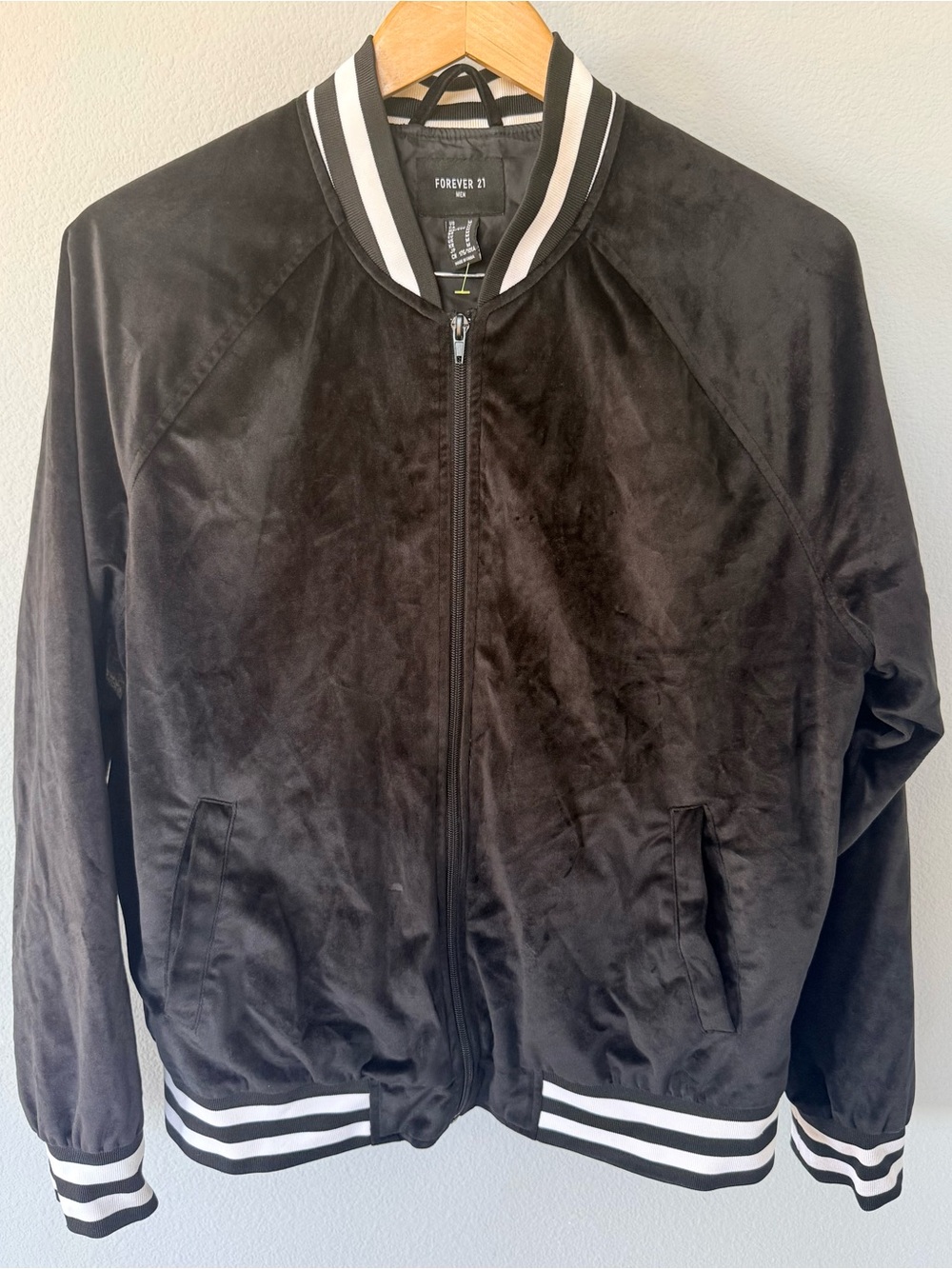 Forever 21 Black Velour Varsity Style Jacket with White Stripe Trim